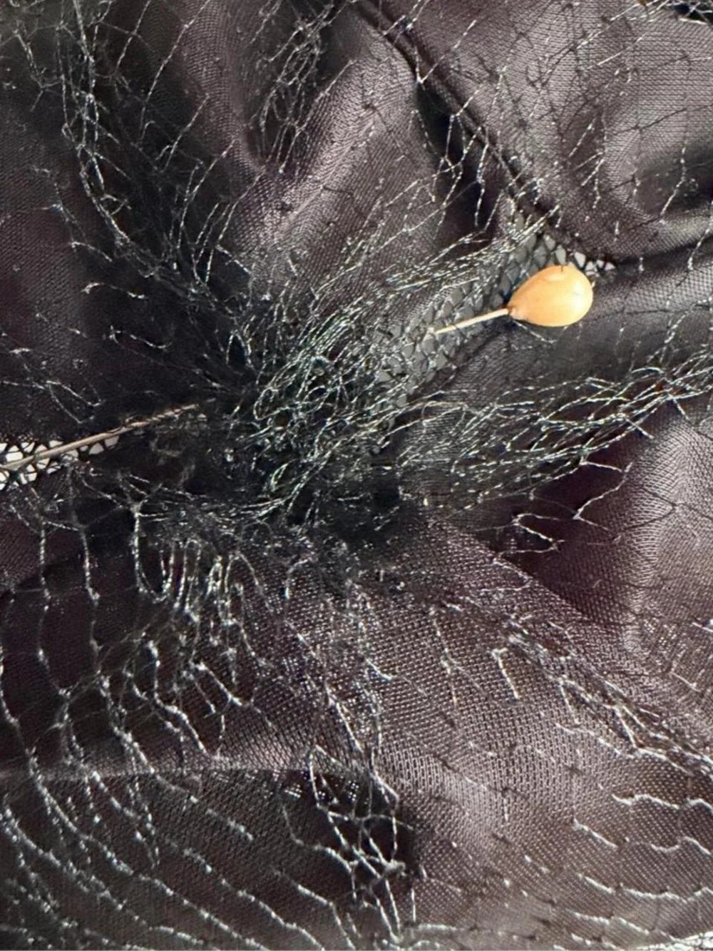 Vintage 1950s Black Silk Pillbox Hat Birdcage Veil Pearl Pin Union Tag